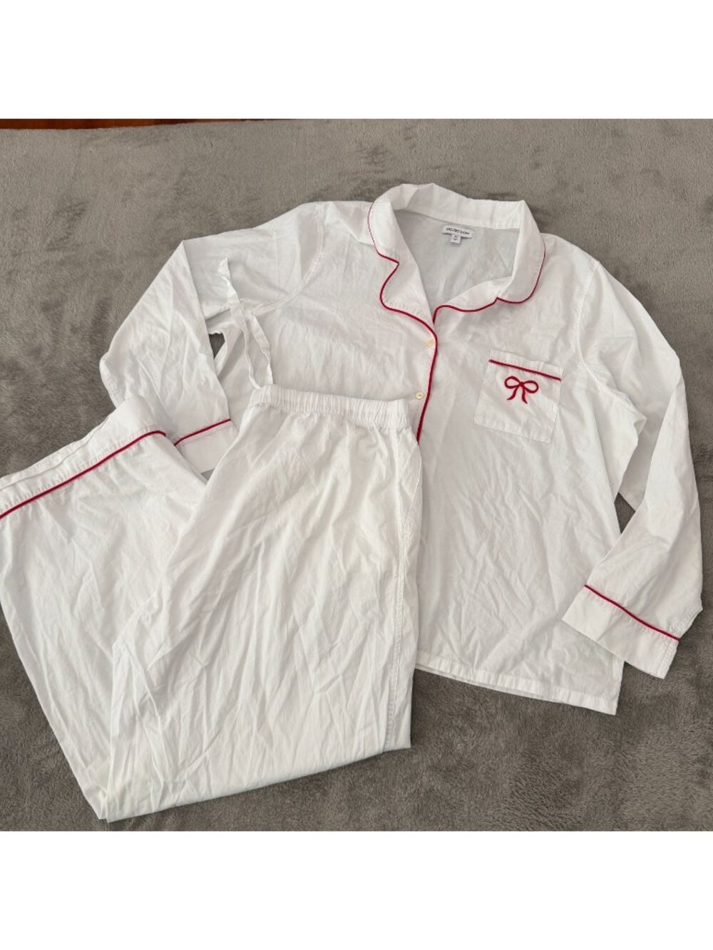 Nordstrom 100% Cotton White Pajamas Set Womens 2X 2XL Pants Top Red Bow Trim